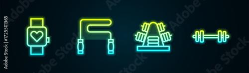 Set line Smart watch, Jump rope, Metal rack with weights and Barbell. Glowing neon icon. Vector