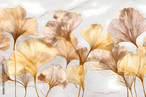 Gold Marble Ginkgo Leaves Watercolor Botanical Art