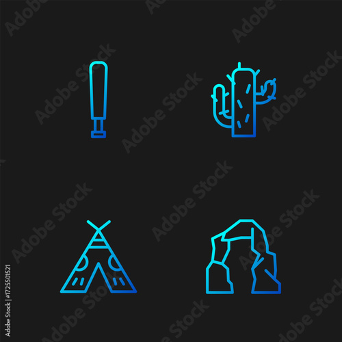 Set line Grand canyon, Indian teepee or wigwam, Baseball bat and Cactus. Gradient color icons. Vector
