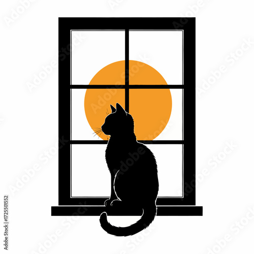Black cat silhouette sitting on a windowsill watching the large orange moon. Graphic vector illustration of a mysterious pet and nighttime.