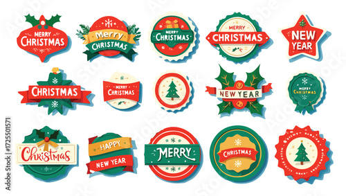 Collection of merry christmas and happy new year badges and labels