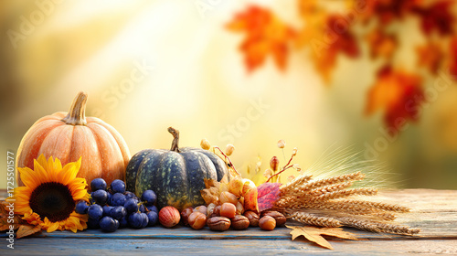 A background image with Thanksgiving decorations, featuring placed pumpkins and sunflowers