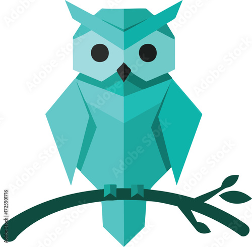 Stylized blue owl sits on a branch against a white background