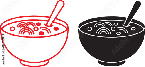 Red Line Art Bowl of Noodles with Spoon on White Background food soup