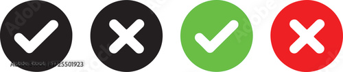 Four circular icons with checkmarks and crosses in black green and red tick wrong