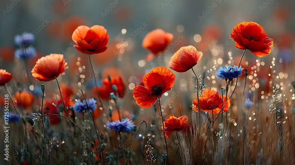 Obraz premium Vibrant, sunlit meadow of wildflowers, with bright red poppies and blue cornflowers swaying amongst golden stalks of wheat in the soft, warm light of late afternoon.
