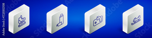 Set Isometric line Skates, Thermos container, Ice hockey goal and Sled icon. Vector