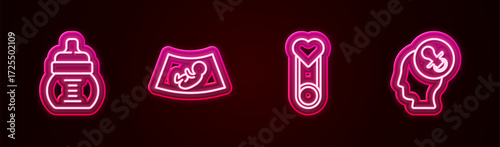 Set line Baby bottle, Ultrasound of baby, clothes pin and dummy pacifier. Glowing neon icon. Vector