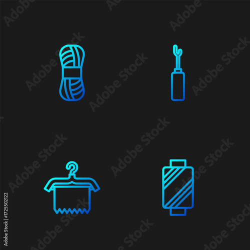 Set line Sewing thread on spool, Hanger wardrobe, Yarn and Awl tool. Gradient color icons. Vector