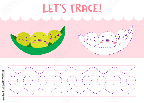 Dot to dot handwriting practice game for kids. Trace page with cute green peas.