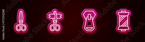 Set line Scissors, , Zipper and Sewing thread on spool. Glowing neon icon. Vector