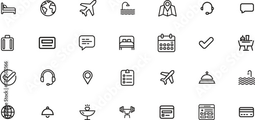 hotels and booking line icons set. reservation, check-in, travel. editable stroke. vector illustration