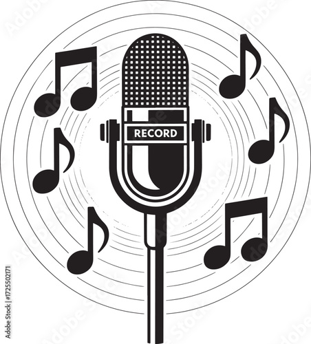 Vintage microphone on vinyl record with musical notes retro