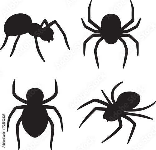 Big spider silhouette icons set side, front, back, and top views vector art illustration 