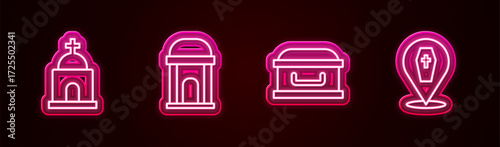 Set line Old crypt, , Coffin with cross and . Glowing neon icon. Vector