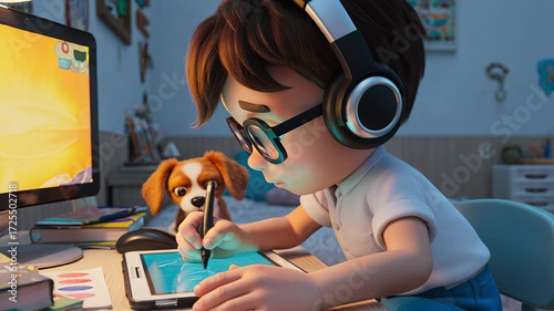 Remote Work Comedy scene with animated child wearing headphones distracted by playful dog during online class and remote working at home