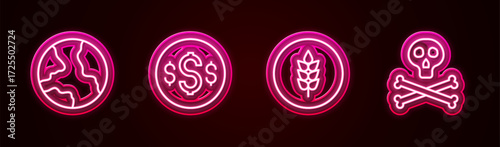 Set line Worldwide, Dollar symbol, Wheat and Bones and skull warning. Glowing neon icon. Vector