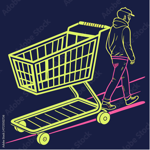 Man Pushing Shopping Cart Illustration
