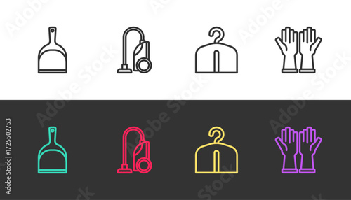 Set line Dustpan, Vacuum cleaner, Hanger wardrobe and Rubber gloves on black and white. Vector