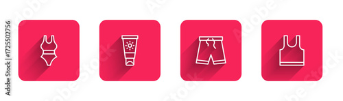 Set line Swimsuit, Sunscreen cream in tube, Swimming trunks and Sleeveless T-shirt with long shadow. Red square button. Vector