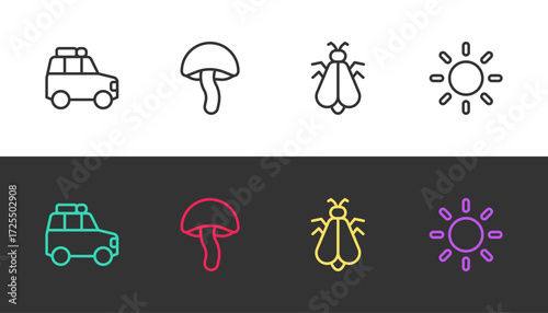 Set line Car, Mushroom, Mosquito and Sun on black and white. Vector