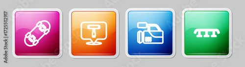 Set line Skateboard, T tool, Cinema camera and stairs with rail. Colorful square button. Vector