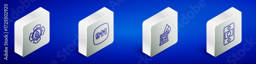 Set Isometric line Firefighter, Emergency call 911, in burning building and alarm system icon. Vector