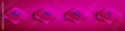 Set Isometric line Paint spray can, roller brush and icon. Vector