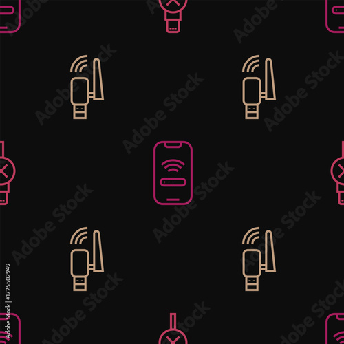 Set line No usb cable cord, Usb wireless adapter and Mobile with wi-fi on seamless pattern. Vector