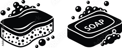 Black and white vector illustration of a bubbly cleaning sponge and a bar of soap with suds, representing hygiene and washing.
