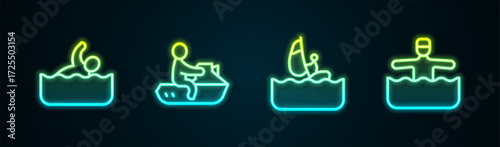 Set line Swimmer, Jet ski, Windsurfing and Water gymnastics. Glowing neon icon. Vector