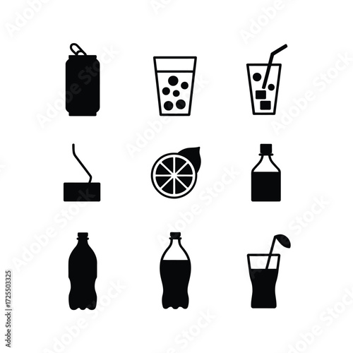 Soda and Juice Icons  Minimal Drink Glass, Bottle, Lemon, Sugar Cubes, and Fizzy Beverage Set for Packaging, UI, and Health Awareness Design