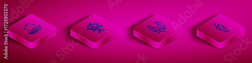 Set Isometric line Egyptian ship, Coral, necklace and mummy icon. Vector