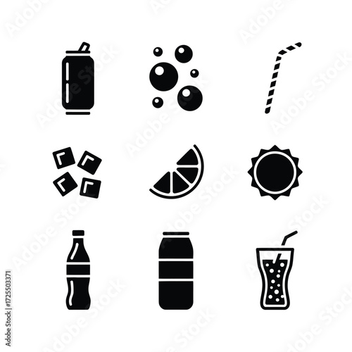 Soda and Juice Icons  Minimal Drink Glass, Bottle, Lemon, Sugar Cubes, and Fizzy Beverage Set for Packaging, UI, and Health Awareness Design