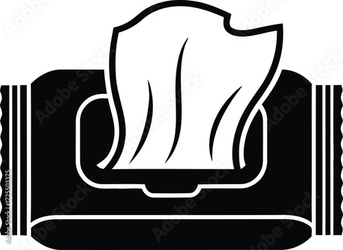 Black and white icon of a package of wet wipes with one wipe dispensed from the opening, representing hygiene and personal care.