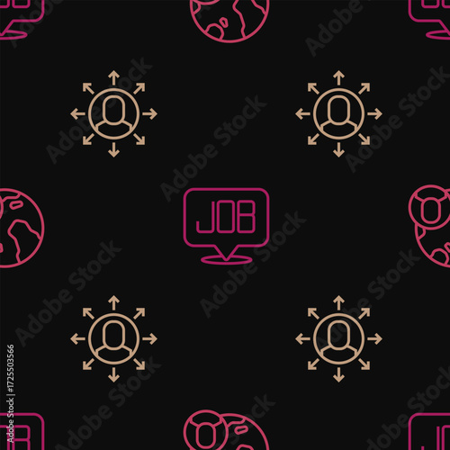 Set line Globe and people, Multitasking manager working and Search job on seamless pattern. Vector