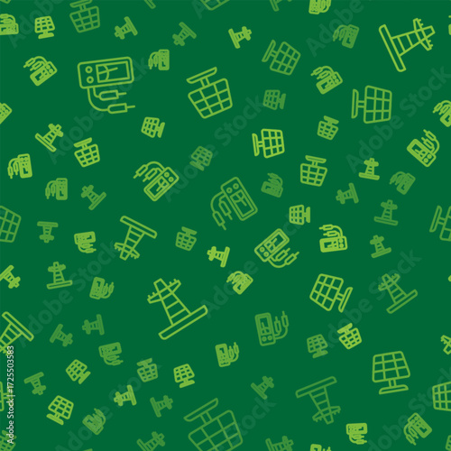 Set line Ampere meter, multimeter, Electric tower line and Solar energy panel on seamless pattern. Vector