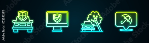 Set line Car insurance, Insurance online, damaged by fallen tree and Umbrella. Glowing neon icon. Vector