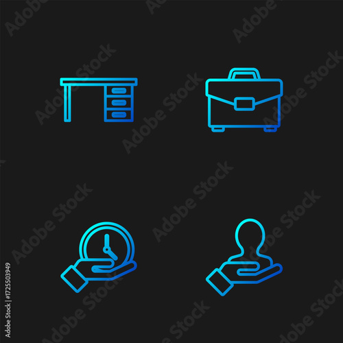 Set line Hand for search a people, Clock, Office desk and Briefcase. Gradient color icons. Vector