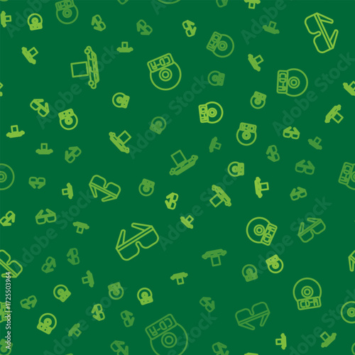 Set line Limousine car and carpet, 3D cinema glasses and CD or DVD disk on seamless pattern. Vector