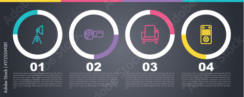 Set line Movie spotlight, Cinema camera, chair and Remote control. Business infographic template. Vector