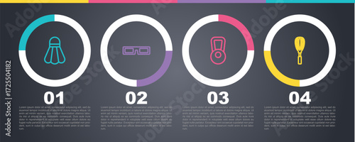 Set line Badminton shuttlecock, Cinema glasses, Kettlebell and Kitchen whisk. Business infographic template. Vector