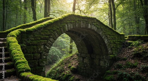 Ancient mossy stone arch bridge nestled within a lush forest. Sunlight streams through the trees