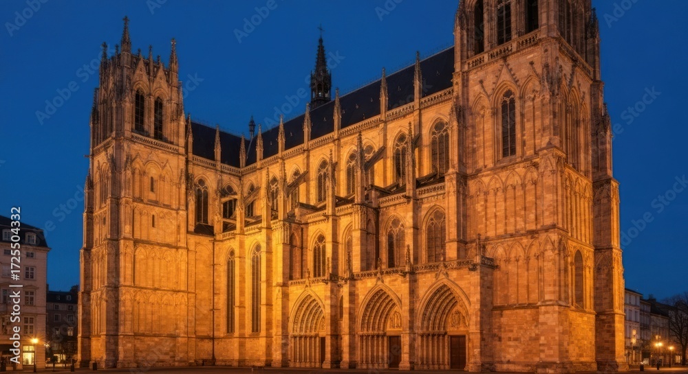 Obraz premium Ancient stone church at twilight. Facade illuminated