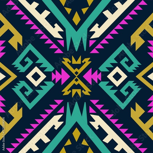 African tribal art, reimagined through a bold geometric lens. Featuring vivid blue, yellow, and red tones set against a deep black background, the pattern creates high contrast and visual impact. Ide