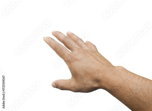 Male hand reaching for something on business concept Isolated on a white background.	