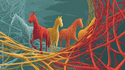 Four colored horses traverse a network of interwoven, textured lines