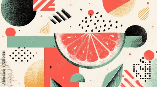 Vibrant fruit slice amidst geometric shapes