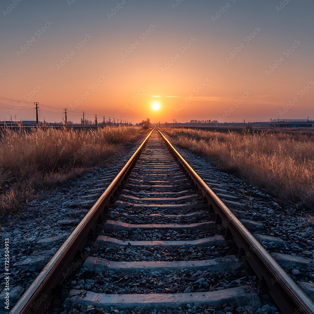 Fototapeta premium Train Tracks Leading to the Setting Sun in a Grassy Field
