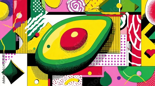 Vibrant avocado graphic amidst bold geometric patterns